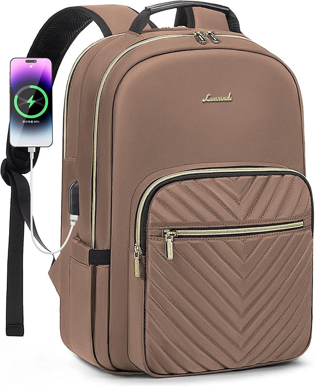 Laptop Backpack for Women, 15.6" Quilted Work Bags Travel Backpack College Teacher Nurse Computer Backpack Purse (Brown)