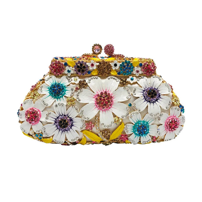 Rose Gold Crystal Clutch Purse Flower Sequin Metal Chain Messenger Bag Rhinestone Dinner Evening Bags Fashion Summer Handbags