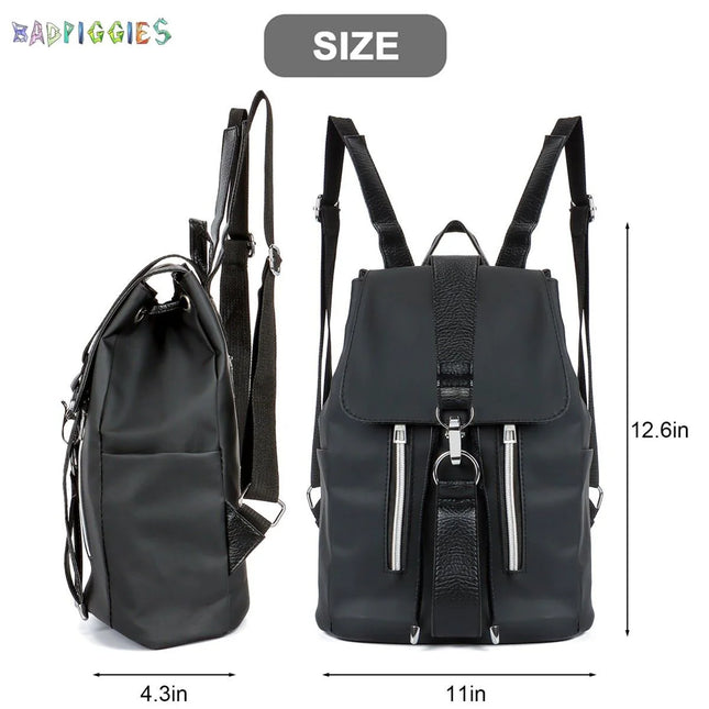 Women Laptop Backpack Purse Nylon PU Leather Anti-Theft Casual Shoulder Bag Fashion Ladies Satchel Bags - Black