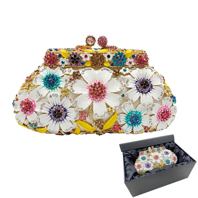 Rose Gold Crystal Clutch Purse Flower Sequin Metal Chain Messenger Bag Rhinestone Dinner Evening Bags Fashion Summer Handbags