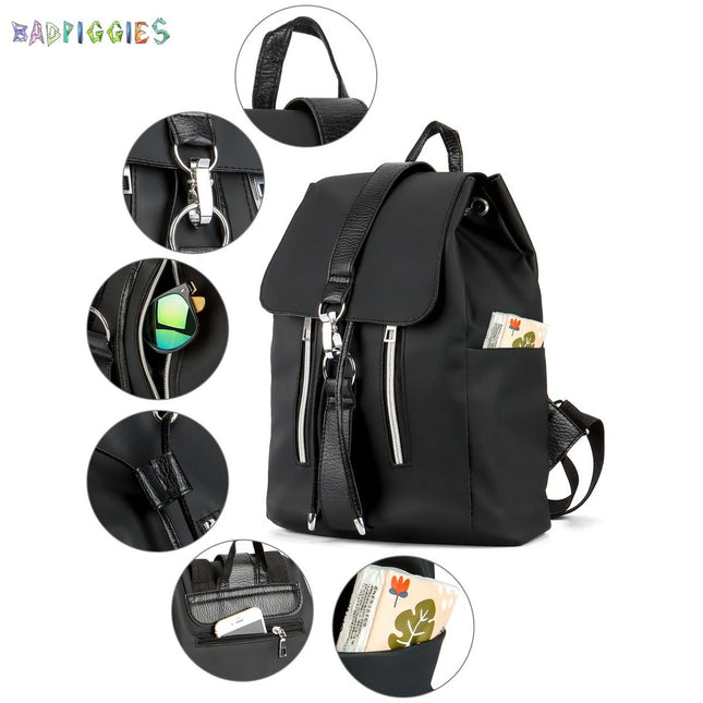 Women Laptop Backpack Purse Nylon PU Leather Anti-Theft Casual Shoulder Bag Fashion Ladies Satchel Bags - Black